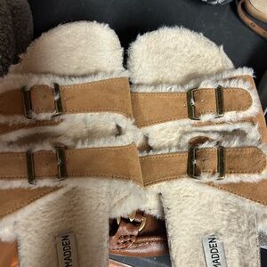 Steve Madden Tan Suede Shearling Buckle Slides